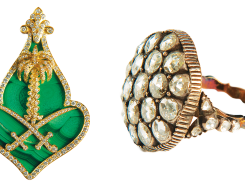 Two royal items in the exhibition: (left) A malachite, gold and diamond brooch gifted to Princess Ceeta Al-Dammer, wife of the late King Khalid; and a diamond ring belonging to one of King Abdul Aziz’s daughters. (Arab News)