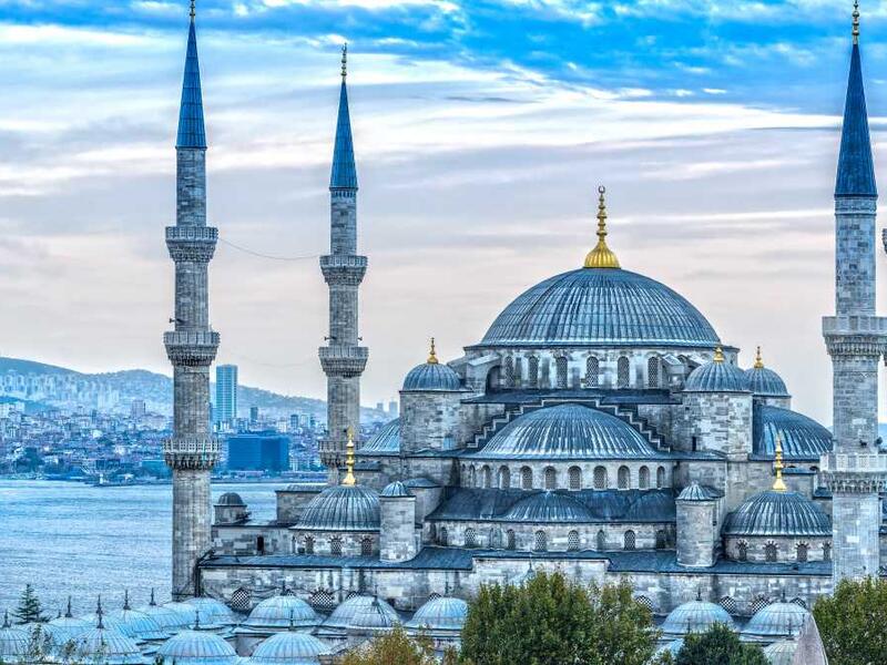 The Blue Mosque, Istanbul: It is called blue because of the blue tiles that decorate the inside walls. It incorporates some Byzantine Christian elements of the neighboring Hagia Sophia with traditional Islamic architecture and is considered to be the last great mosque of the classical period. (islamicity.org)