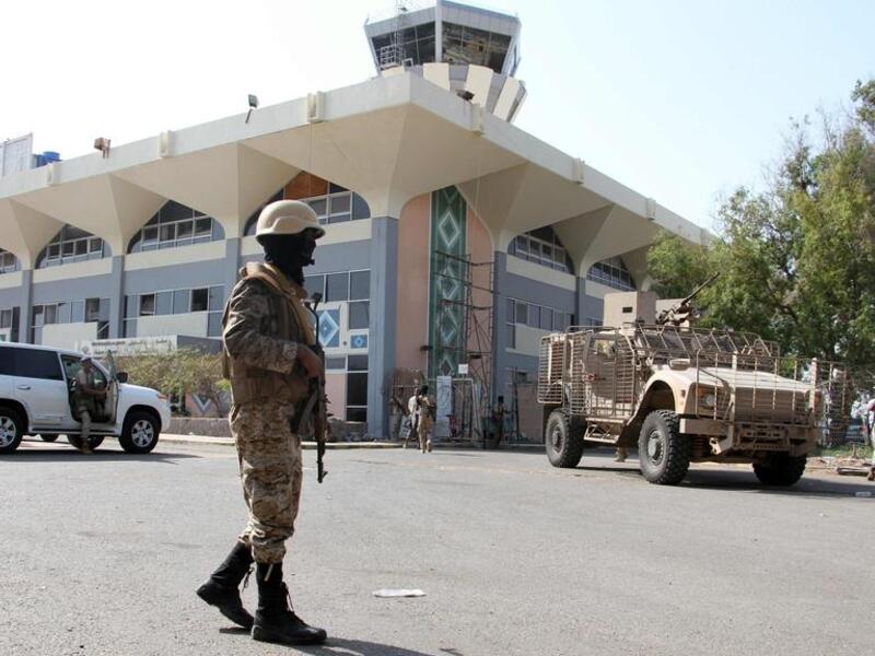 Yemeni security forces guard Aden’s airport. (AFP)