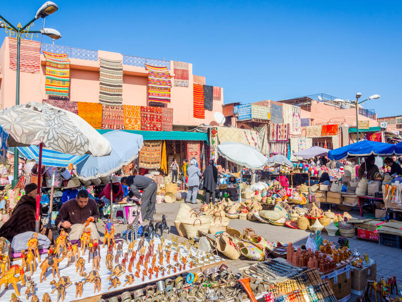 Carpets, crafts and souvenirs for sale at tourist market in Marrakech downtown on December 2016. (Shutterstock/ File)