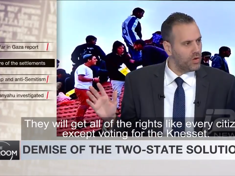 Miki Zohar proclaiming "the two state solution is dead" in an interview with i24 news in March 2015 (Youtube)