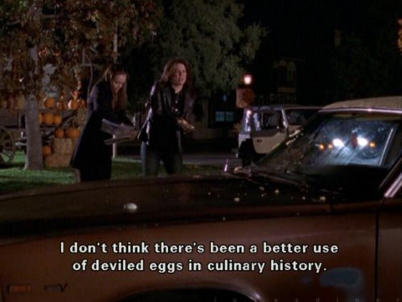 When Rory vents her frustrations at her tormented romance with Jess by throwing "deviled eggs" at his car, Lorelai joins forces with her - proving that she isn’t just Rory’s best friend, but the coolest partner in crime a daughter could ever wish for!