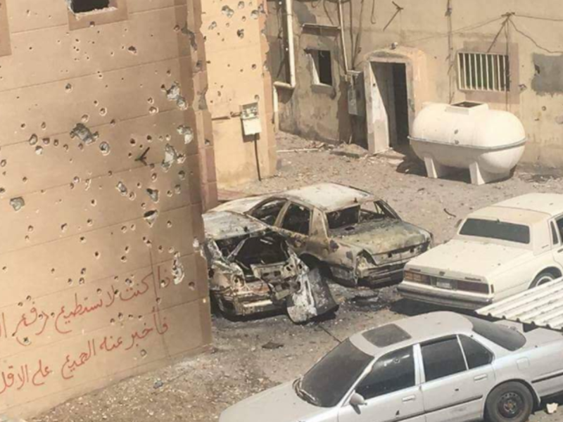The graffiti shown here on the bullet-ridden wall reads: "If you are unable to stop the oppression, then at least tell everyone about it."

(Source: Twitter @AngryQatifi)
