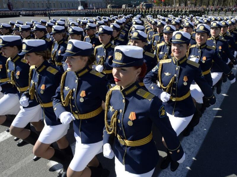 Russian servicewomen march at Dvortsovaya Square during the Victory Day military parade in Saint Petersburg on May 9, 2018. Russia marks the 73rd anniversary of the Soviet Union's victory over Nazi Germany in World War Two.
OLGA MALTSEVA / AFP