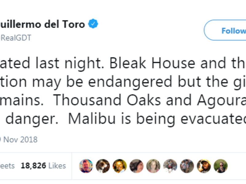 المخرج السينمائي غييرمو ديل تورو: قال على "تويتر" إنه هجر منزله "بليك هاوس"، الذي يضم مجموعة تذكارية من مقتنيات أفلام الرعب والخيال.