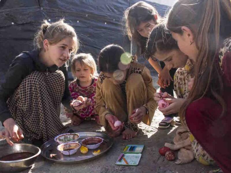 Painting eggs after they are cooked is an old Yazidi tradition during the new year celebrations. The colors of the eggs resemble the colors of the rainbow, created by God’s representative when he descended to earth. 
