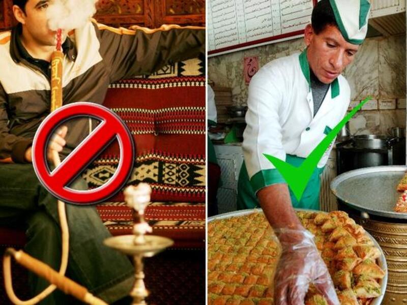 Don't smoke during hours of the fast: wait til Iftar, when you'll often see people light up (after that first sip of water and date or two!). Instead try to practice healthy activities and take a pre-Iftar stroll or post-Iftar walk with
 family. Do enjoy some Ramadan sweets- just not to excess.
