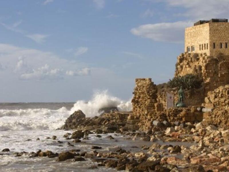 A picture shows a section of the Roman-era port of Caesarea after a massive storm battering the eastern Mediterranean destroyed the breakers protecting the ancient port city threatening to wash away the historic site, Israeli officials said.