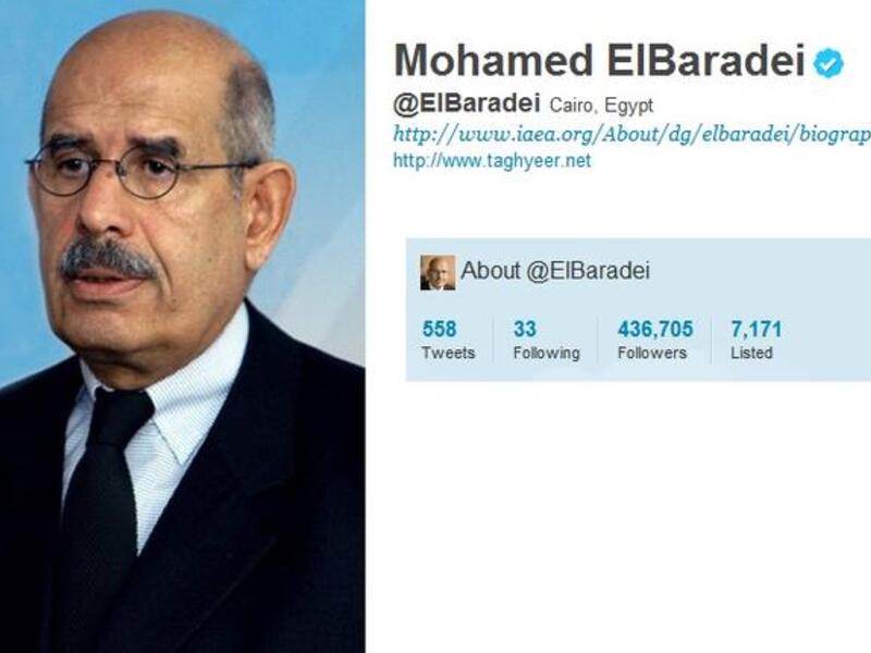 @ElBaradei: This Nobel Prize holder was key to Mubarak's ouster. He quit the run for Egyptian President --and did not tweet quitting his campaign.  He did tweet a Merry Xmas  7 Jan to Egypt's Copts. He re-re-tweeted the mantra 'the Revolution shall win!' in Dec. 2011 as Tahrir plunged into the dark. He tweets out fears for Egypt's economy.