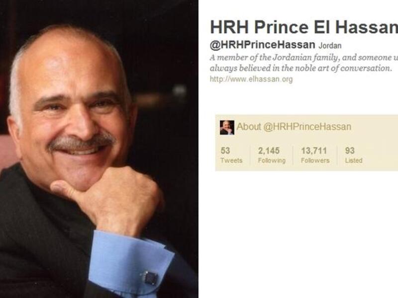 @HRHPrinceHassan: Jordan's Prince El-Hasan bin Talal has produced 53 tweets as a newcomer  to the Twitter game. Bucking the high profile  trend to follow few, HRH, follows a healthy 2143 to stay in tune with his community. He has had good reviews from local active users who find him interesting and down to earth in his Twitter output.  
