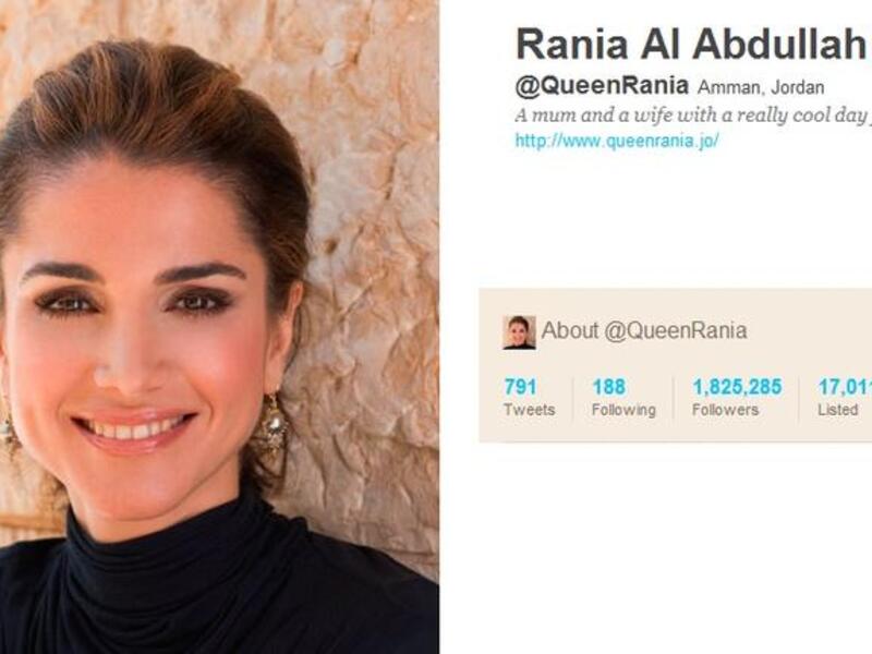 @QueenRania: Rania Al Abdullah is the savvy Queen to Jordan's King. His First Lady trail-blazed Royal tweeting early in 2009. She tweets between Arabic & English to promote peace through education & entrepreneurship, while celebrating Jordan. In Twitter years, she is an old-hand at working the Social Media playground for her charity agenda.