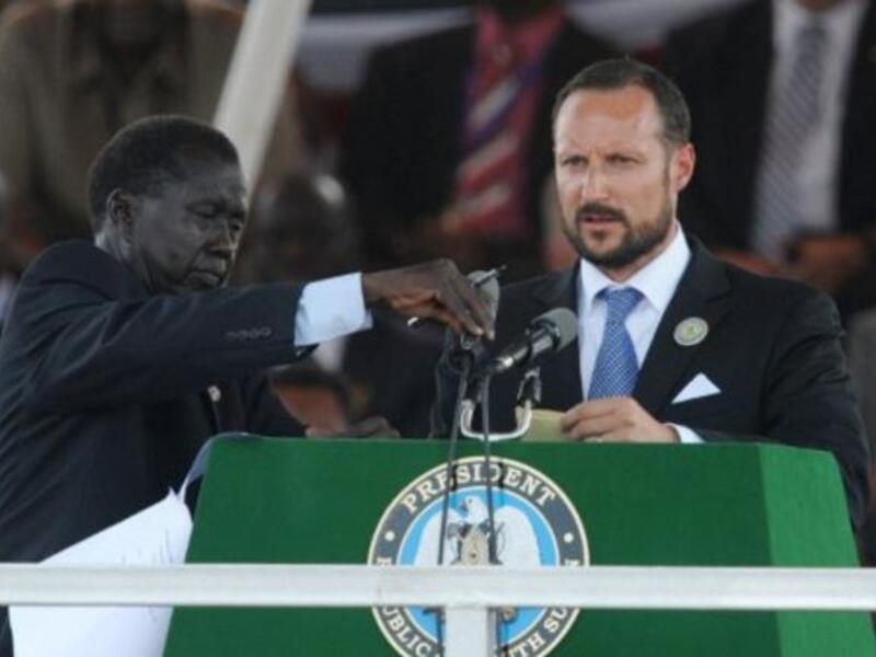 Haakon, The Crown Prince of Norway, gets ready to speaks during the ceremony in the capital Juba.