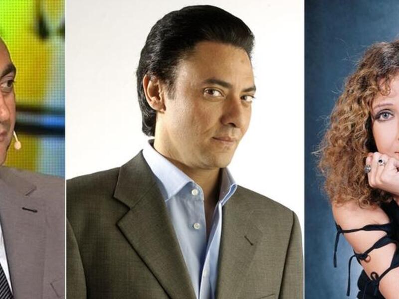 Khaled Ali (L) inspires celebrity voters, Fathy Abdel Wahab and Tayseer Fahmy (R)