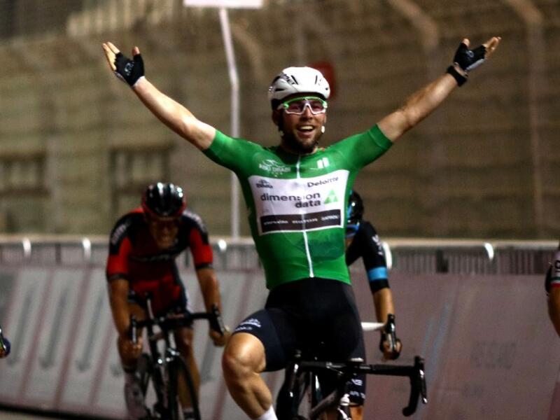 Mark Cavendish of Great Britain celebrates winning the fourth stage of the Abu Dhabi Tour in Yas Marina Circuit, in the United Arab Emirates, on October 23, 2016. Estonia's Tanel Kangert of the Astana team clinched the Tour of Abu Dhabi on Sunday at Yas Marina.
NEZAR BALOUT / AFP