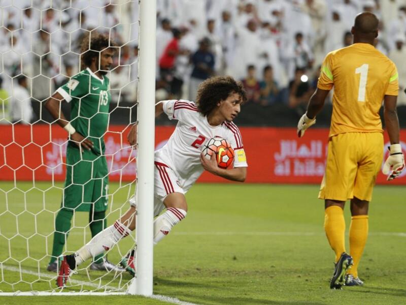 UAE's Omer Abdulrahman celebrates after scoring against Saudi Arabia during their World Cup 2018 Asian qualifying football match on March 29, 2016 at the Mohammed Bin Zayed Stadium in Abu Dhabi.
KARIM SAHIB / AFP