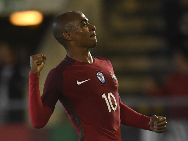 Portugal's midfielder Joao Mario celebrates after scoring a goal during the international friendly football match Portugal against Saudi Arabia at the Fontelo stadium in Viseu on November 10, 2017.
FRANCISCO LEONG / AFP