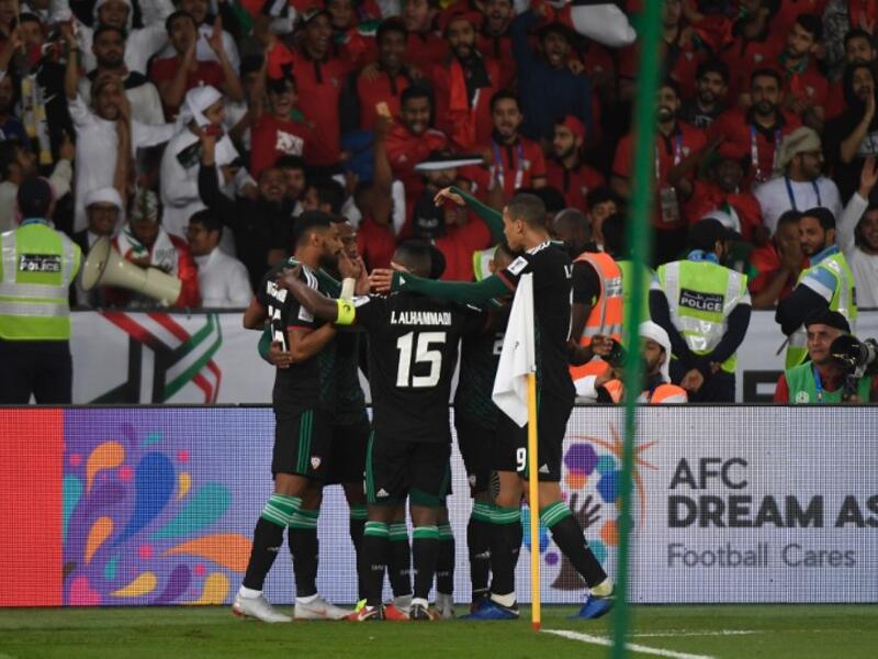 UAE's players celebrate their third goal during the 2019 AFC Asian Cup Round of 16 football match between UAE and Kyrgyzstan at the Zayed Sports City Stadium in Abu Dhabi on January 21, 2019.
Khaled DESOUKI / AFP