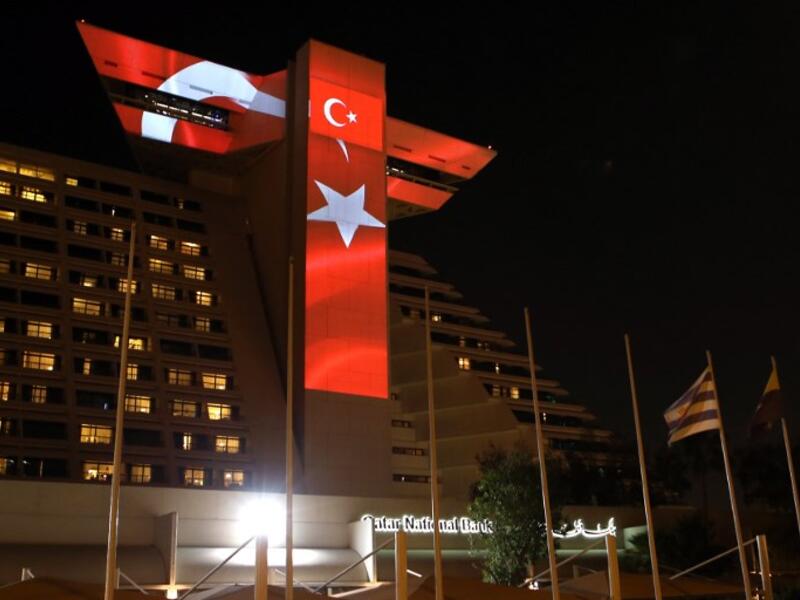 This picture taken on June 25, 2018, in Doha, shows the Turkish flag displayed on the Sheraton Doha hotel to celebrate the victory of Turkish President Recep Tayyip Erdogan in the presidential elections in Turkey. (AFP/ File Photo)