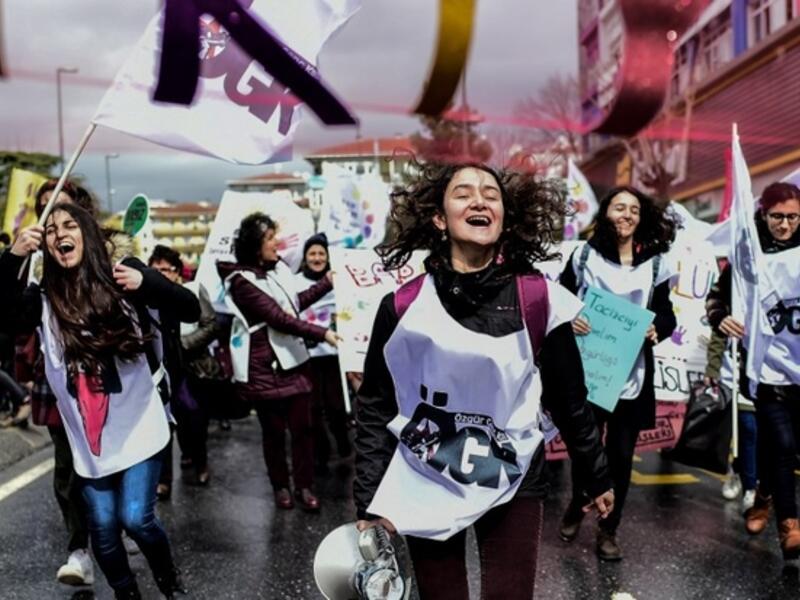 Istanbul: Demonstrators shout slogans during Women's Day rally in Istanbul on Sunday (AFP/Scott Olson)
