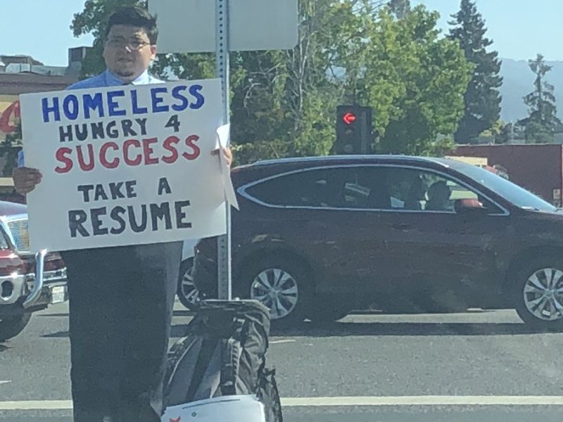 A homeless, jobless man in California adamant to land a job came up with a unique idea which is set to turn his life forever. (Twitter)