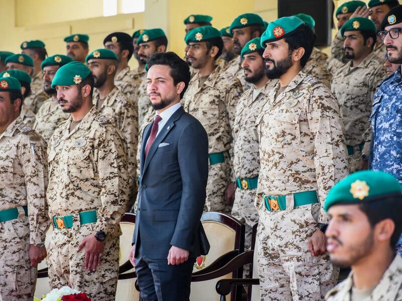 Crown Prince Al Hussein bin Abdullah II and Bahrain Royal Guard Commander Major Gen. Sheikh Nasser bin Hamad Al Khalifa attend a military drill conducted by Bahrain Royal Guards units.
(Twitter/@RHCJO)