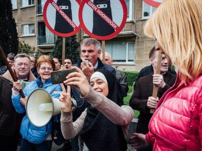 Zakia Belkhiri at a protest by far-right Vlaams Belang members in Antwerp, Belgium (Twitter-Jurgen Augusteyns)