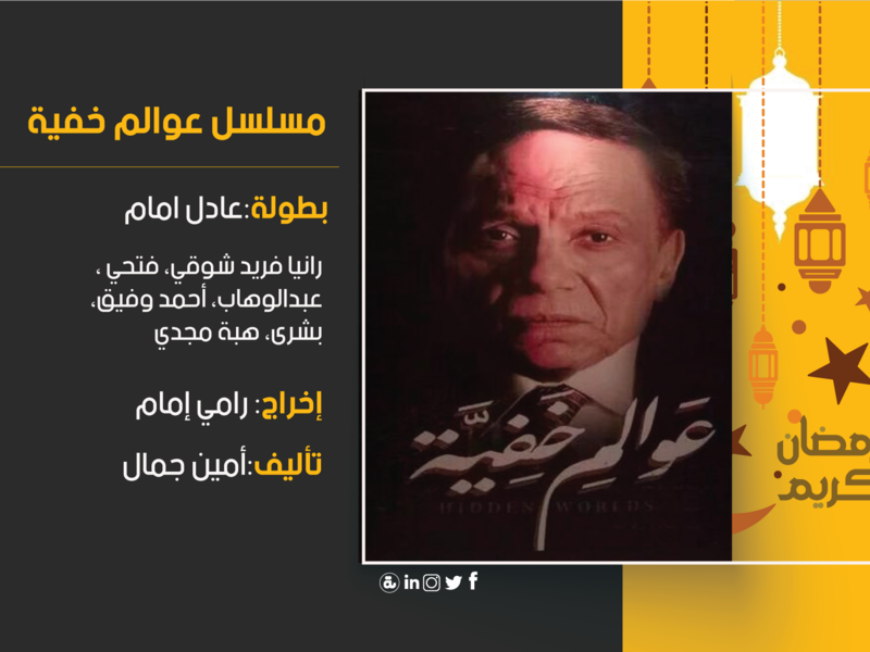 مسلسل عوالم خفية: يجسد عادل إمام فيه دور كاتب صحفي وروائي كبير يرتبط بعائلته ارتباطًا وثيقًا، ولكن حياته تتغير حين تقع في يده مجموعة من المستندات الهامة التي تكشف فساد عدد من المسؤولين