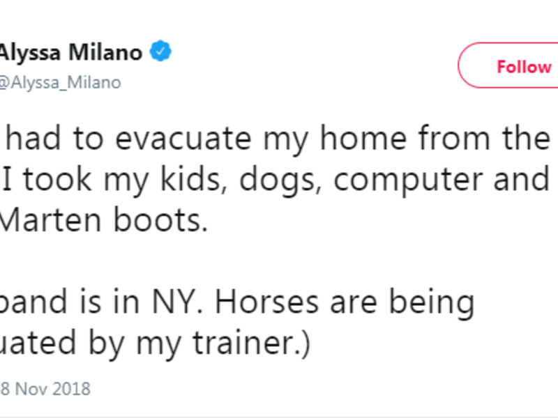 النجمة أليسا ميلانو: طلبت المساعدة لإخراج جيادها الخمسة من المنطقة، وقالت: "أخذت أبنائي وكلابي وجهاز الكمبيوتر وحذاء من ماركة دوك مارتنز".