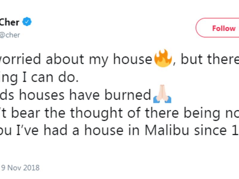 المغنية شير: كتبت على "تويتر": "حريق الغابات اقترب من المنزل، ولكنني لم أكن فيه.. منازل الأصدقاء احترقت، لا أحتمل فكرة ألا تكون هناك ماليبو".