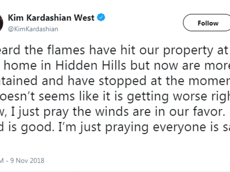 كيم كارداشيان: أخلت منزلها يوم الخميس الماضي، وكتبت على "تويتر": "علمت أن النيران وصلت إلى منزلنا.. ولكن تم احتواؤها بشكل أفضل الآن وتوقفت".
