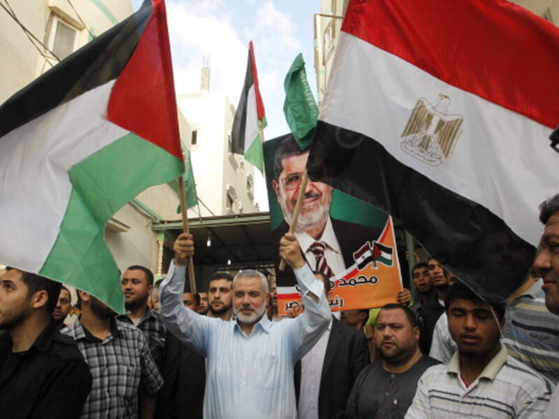 The head of Gaza's Hamas government Ismail Haniya  in Gaza City after the Muslim Brotherhood's presidential candidate Mohamed Morsi was declared the winner of the Egyptian elections, on June 24, 2012. [Getty Images]
