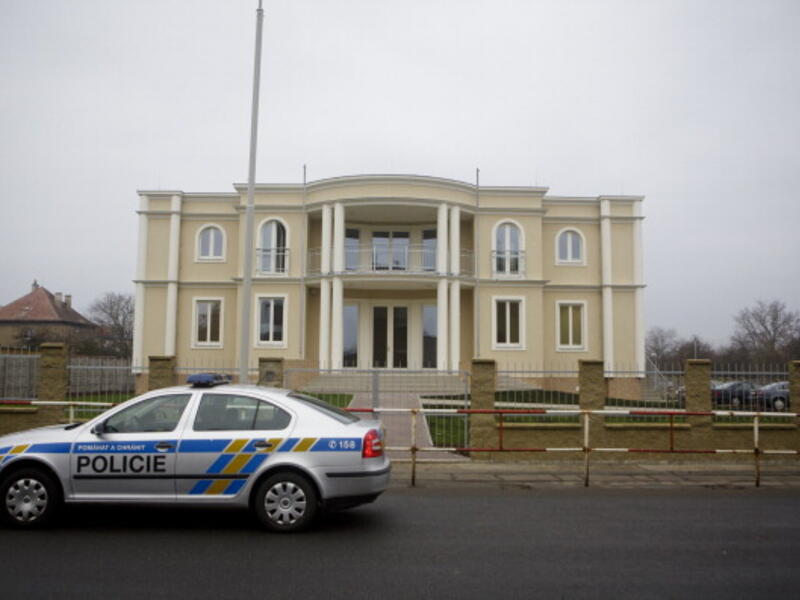 A police car passes the Palestine embassy which stands next to the residence of the late Palestinian ambassador Jamal al-Jamal on January 2, 2014 in Prague, Czech Republic.  [Getty Images]