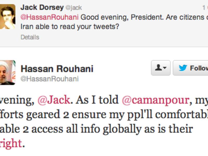 A screenshot of the tweets sent between Iranian President Hassan Rouhani and Twitter founder Jack Dorsey. (Twitter)