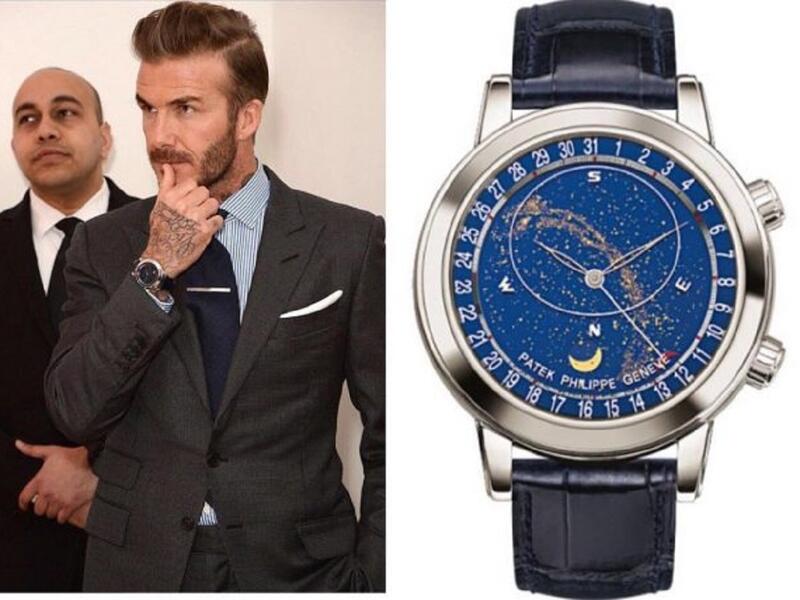 النجم الانجليزي ديفيد بيكام يرتدي ساعة باتِك فيليب سيليستيال. يبلغ سعرها ما يقارب 266700 دولار.
