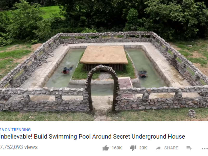 فيديو Build Swimming Pool Around Underground House لبناء مسبح حصد أكثر من 27 مليون مشاهدة منذ نشره شهر نوفمبر الماضي.