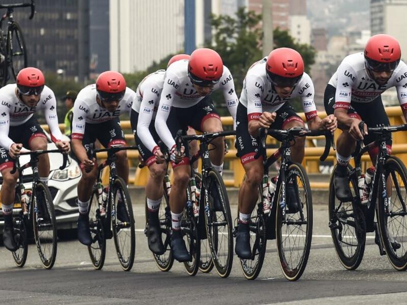 Members of Team UAE compete in team time trial of the Tour Colombia 2.1, in Medellin, Antioquia department, Colombia, on February 12, 2019. The Tour Colombia 2.1 cycling race takes place between February 12 and 17.
JOAQUIN SARMIENTO / AFP