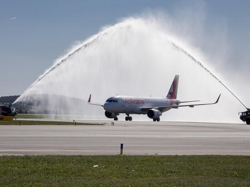 Air Arabia aircraft was welcomed with a water-salute at Vienna Airport