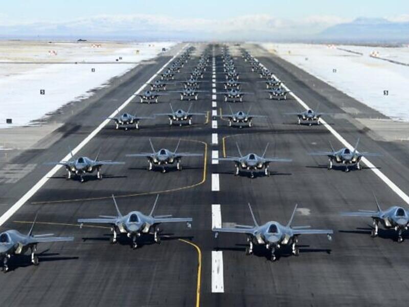 52 F-35 jets line up for a launch exercise at Utah's Hill Air Force Base in show of force and combat readiness amid US-Iran tensions, January 6, 2020. (US Air Force/R. Nial Bradshaw/Twitter screen capture)