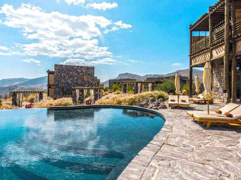 8. Alila Jabal Akhdar (Oman): Nestled in the Al Hajar Mountains, this upscale hotel with traditional stone-faced design lies 1 km from both Jabal Akhdar Masjid temple and Diana’s Point, a scenic area atop Jabal Akhdar. 
