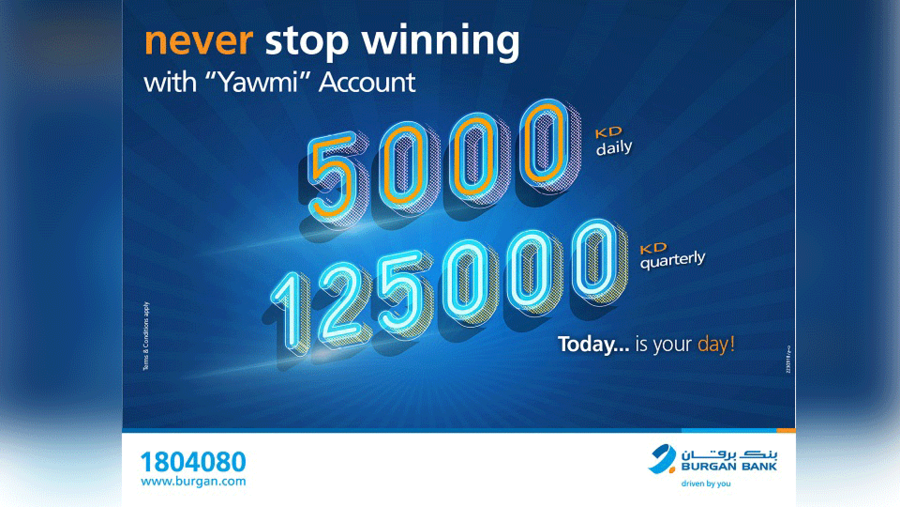 بنك برقان يوفر سحب ربع سنوي لحساب "يومي" للفوز بجائزة نقدية بقيمة 125,000 دينار كويتي. 