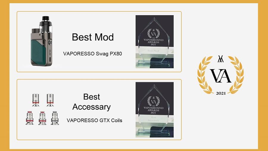 لقد نال VAPORESSO Swag PX80 جائزة أفضل تصميم عصري في حفل توزيع جوائز Vapouround لعام 2021