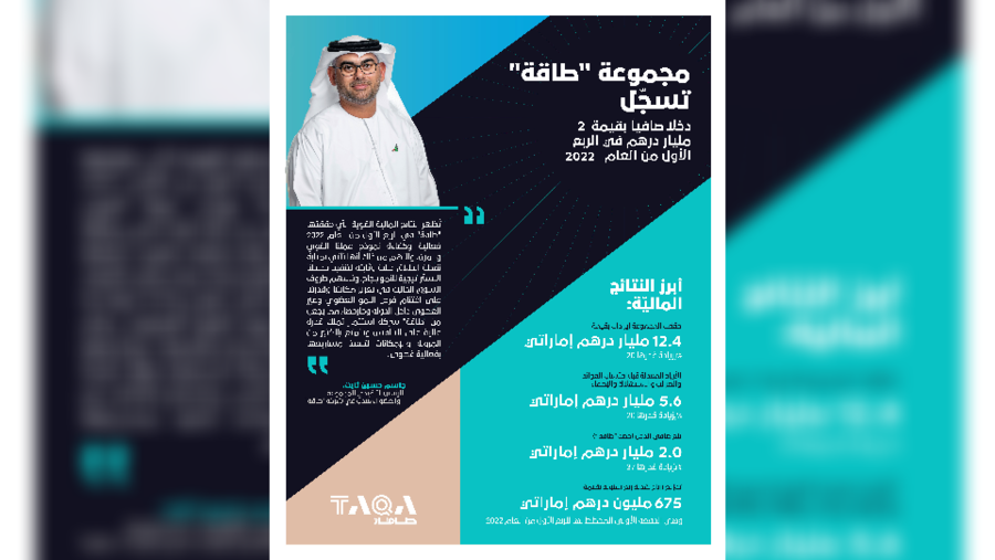 مجموعة "طاقة" تسجّل ارتفاع صافي الدخل  بنسبة 37٪ ليصل إلى  2 مليار درهم في الربع الأول من العام 2022