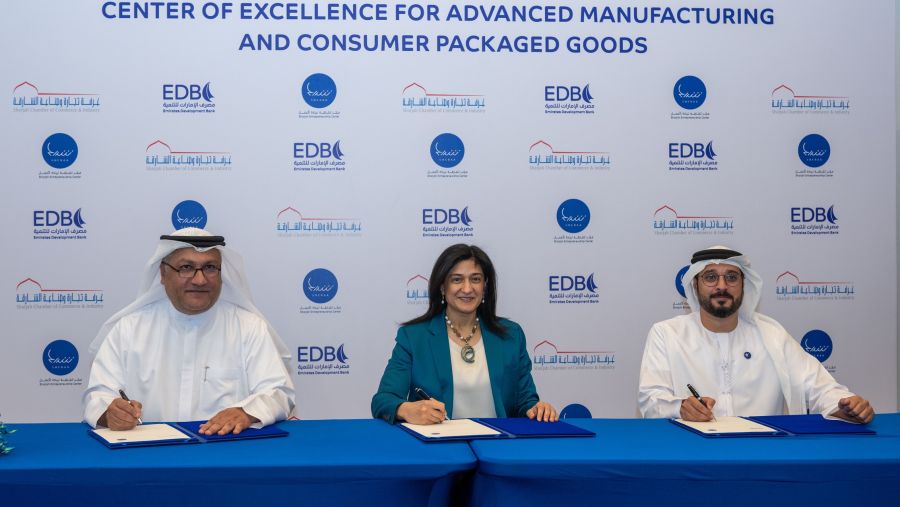 From left to right: H.E. Mohamed Al Awadhi, Director General of SCCI; H.E. Najla Ahmed Al Midfa, CEO of Sharjah Entrepreneurship Center (Sheraa); and H.E. Ahmed Mohamed Al Naqbi, CEO of Emirates Development Bank during a group signing of the new strategic partnership to launch the CoE for Advanced Manufacturing and CPG.