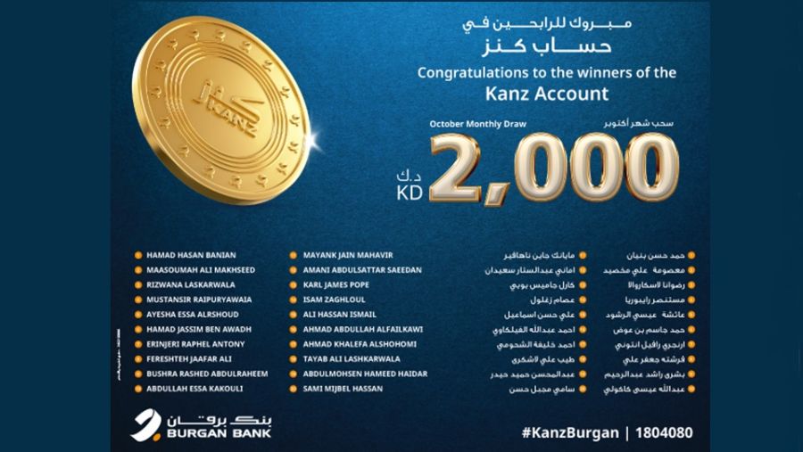 بنك برقان يعلن عن أسماء الفائزين في السحب الشهري لحساب كنز