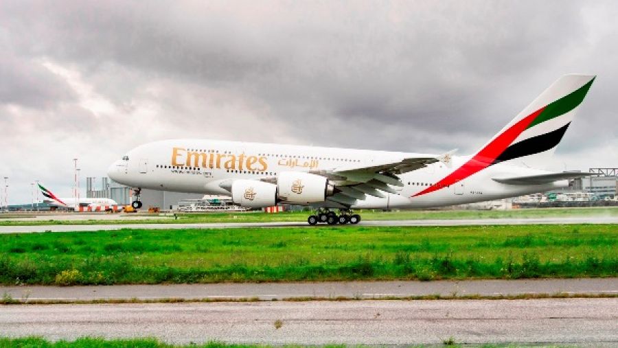	الطائرة رقم 66 من طراز إيرباص A380 تقلع من مصانع إيرباص في هامبورغ إلى مطار دبي الدولي