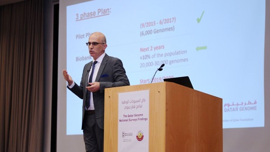 الدكتور سعيد إسماعيل، مدير برنامج "قطر جينوم"، يرحب بالحاضرين في فعالية إعلان نتائج استطلاعات الرأي التي أجراها البرنامج.
