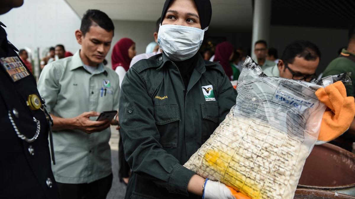 A member of a wildlife personnel team displays a product made from ivory tusks before the confiscated ivory was destroyed at the Kualiti Alam Waste Management centre in Port Dickson on April 30, 2019.  Mohd RASFAN / AFP