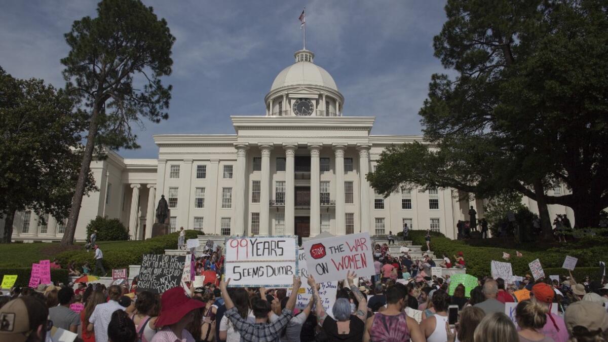 Demonstrators gathered to protest HB 314, a bill passed by the Alabama Legislature last week making almost all abortion procedures illegal. Julie Bennett/Getty Images/AFP
