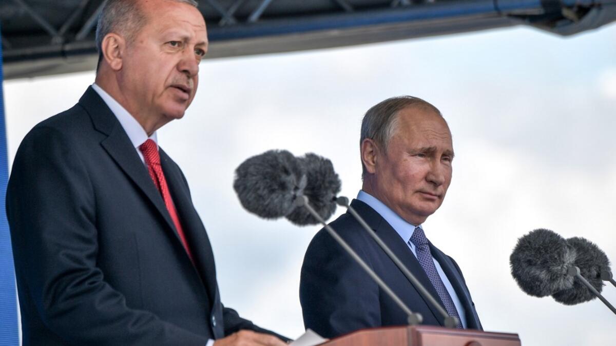 Russian President Vladimir Putin (R) and his Turkish counterpart Recep Tayyip Erdogan deliver a joint speech during the opening ceremony of the MAKS-2019 International Aviation and Space Salon in Zhukovsky outside Moscow on August 27, 2019.  Alexey NIKOLSKY / SPUTNIK / AFP