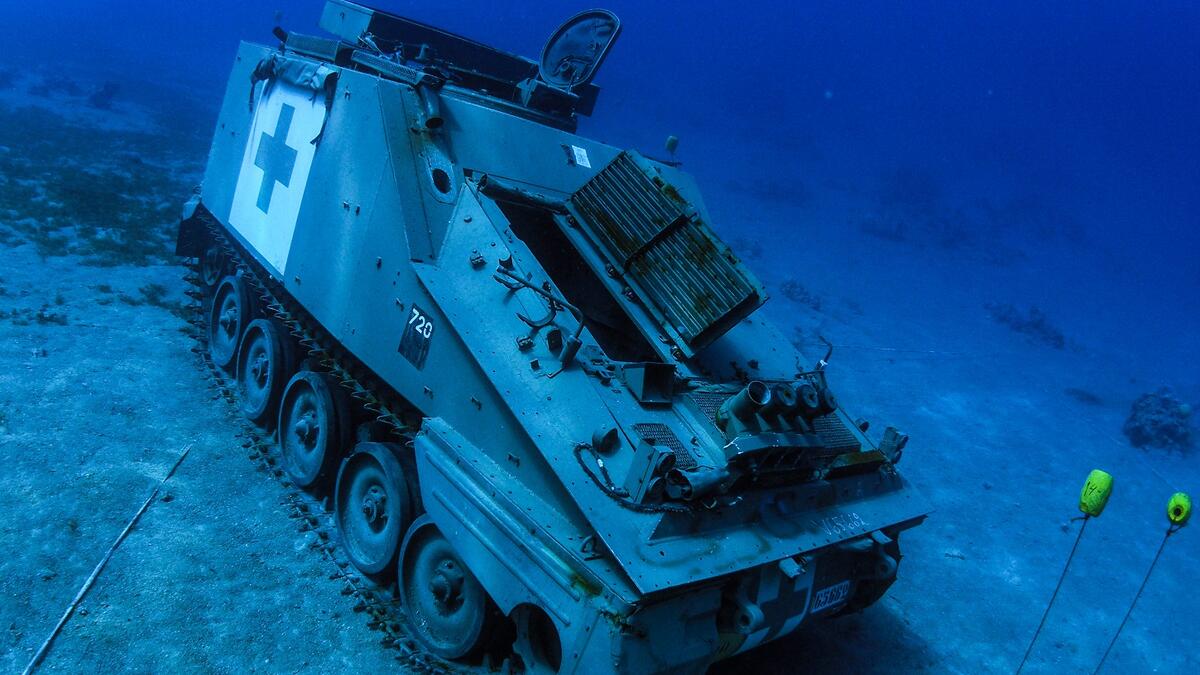 A tracked medical vehicle: Jordan is not the only country in the region to sink vehicles for divers to explore: later this month, Bahrain will open a theme park off Diyar Al Muharraq which includes a submerged Boeing 747. (Aqaba Special Economic Zone Authority/AFP)